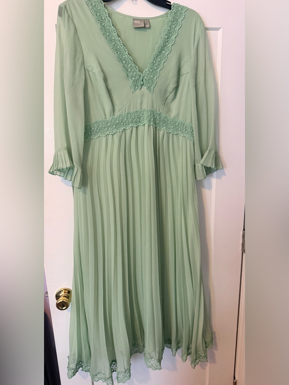 ASOS Mint Green Pleated Maxi Dress with Lace Trim